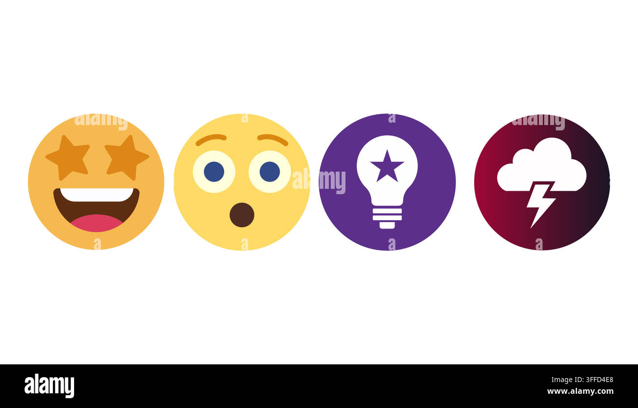 Emoji set featuring expressive faces and creative symbols for digital messaging apps and user interface design Stock Vector