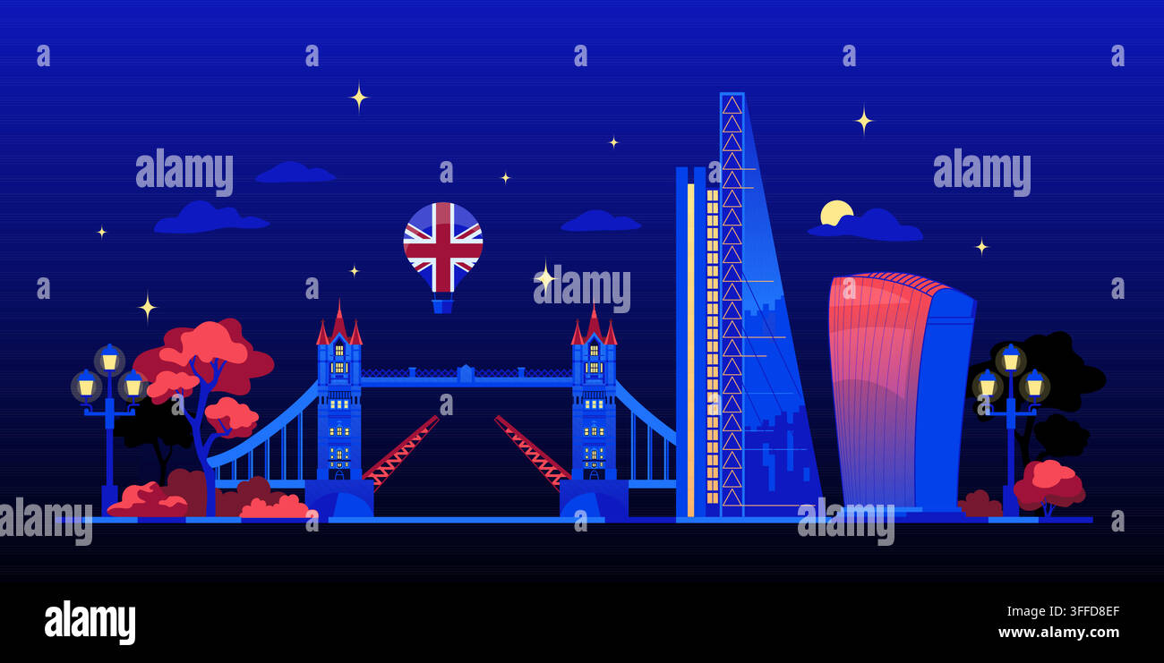 London Night Skyline - Flat Design Illustration Stock Vector