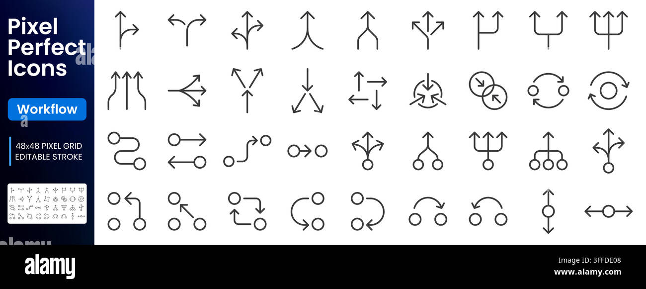 Workflow line icon set. Branching, merge, routing, process flow, decision tree, pipeline, node connection linear minimal vector illustration. Simple Stock Vector