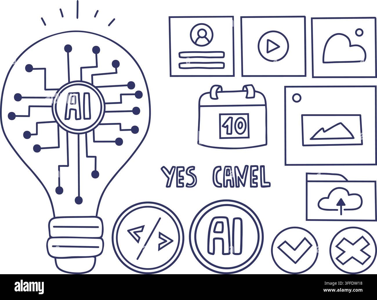Artificial Intelligence Doodle Set. AI Lightbulb, Neural Circuit, Digital Interface Icons, Code, Cloud Upload, Media Tools, Check And Cancel Symbols, Stock Vector