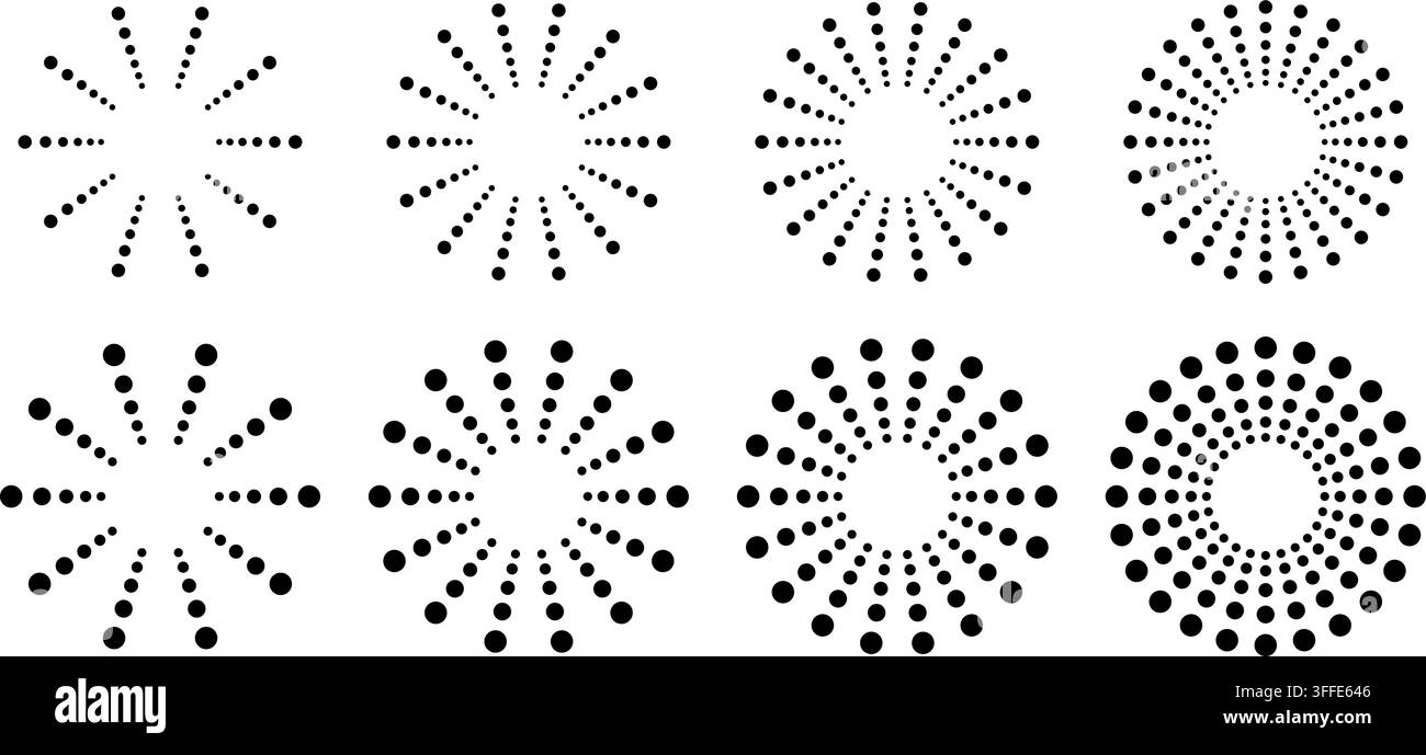 Circular halftone sunburst with dot rays radiating from center. Pattern featuring radial beams in vintage comic style. Stock Vector
