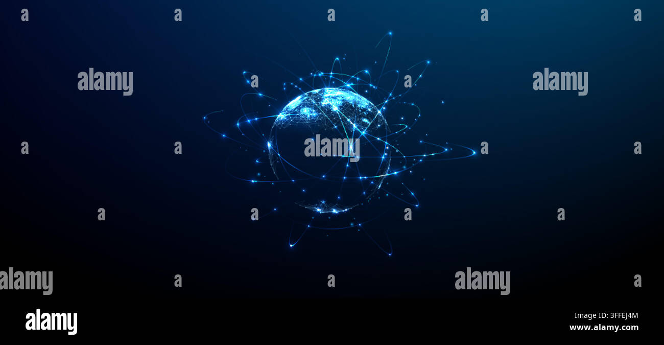 Digital World Globe With Glowing Network Orbits On Blue Background Stock Vector