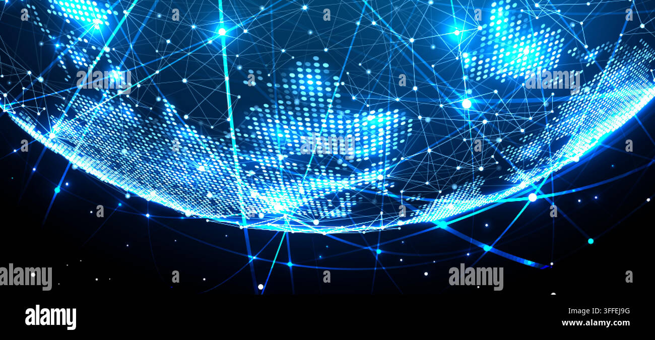 Digital Globe Close Up With Glowing Network And Orbital Lines Stock Vector