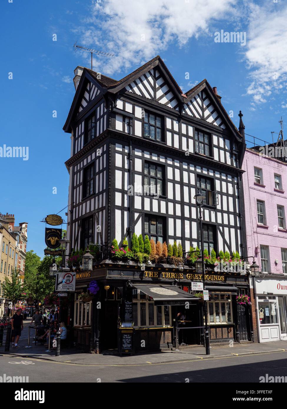 The Three Greyhounds pub in a Mock Tudor building in Soho, London, UK Stock Photo