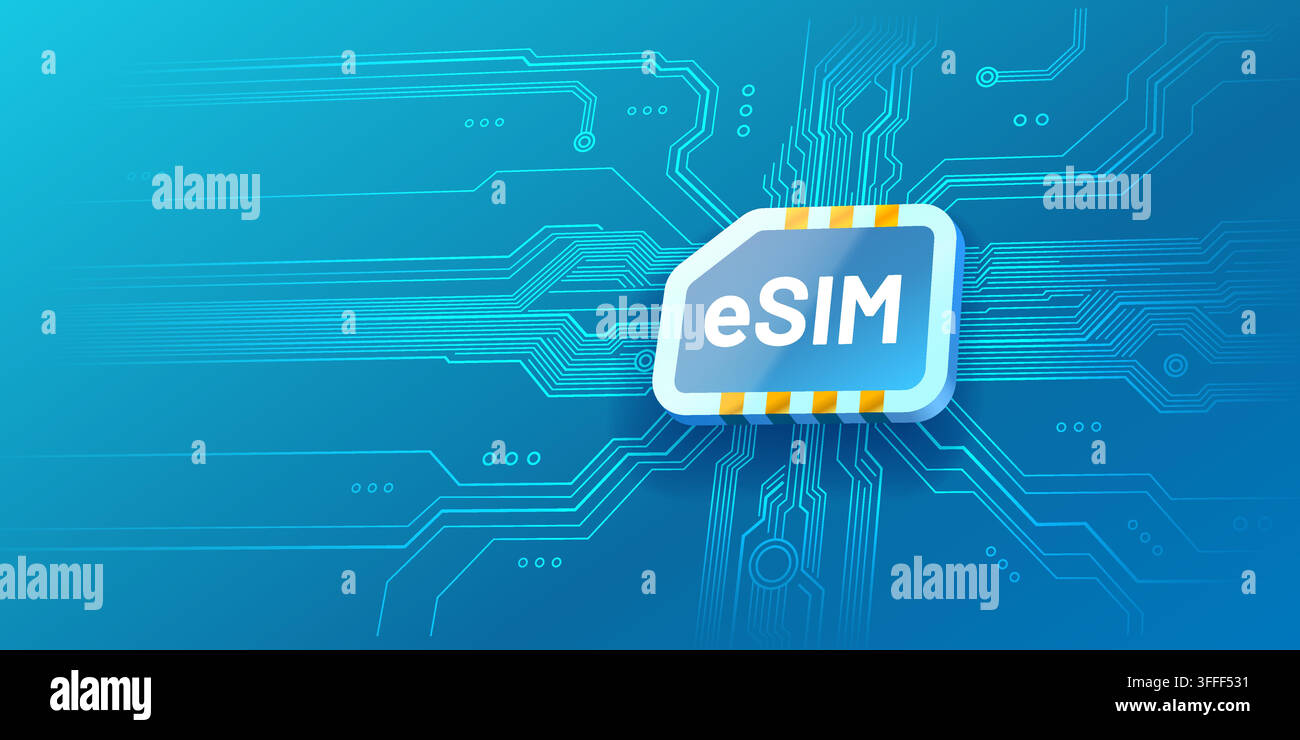 eSIM chip concept on digital blue background, representing embedded SIM and modern mobile communication technology. Vector illustration. Stock Vector