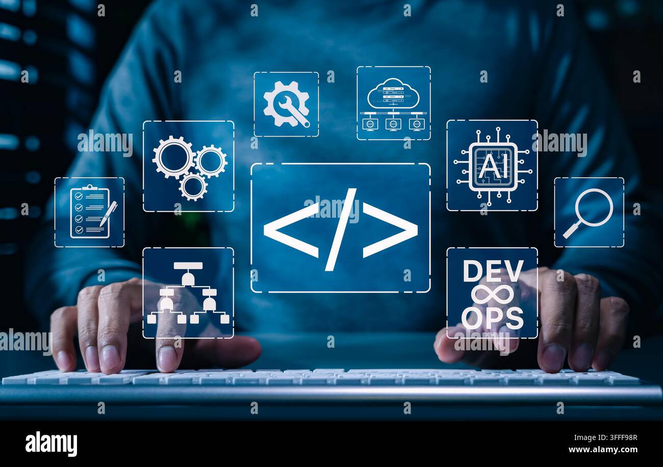 DevOps and AI integration in software development process concept. Developer working on computer with digital coding icons, automation, programming, c Stock Photo