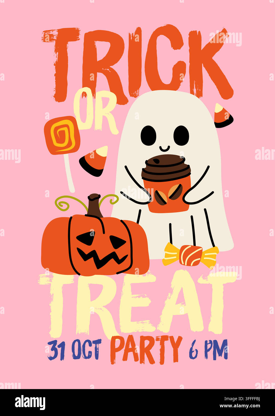 Cute ghost with coffee cup hand drawn vector poster for Halloween Stock Vector