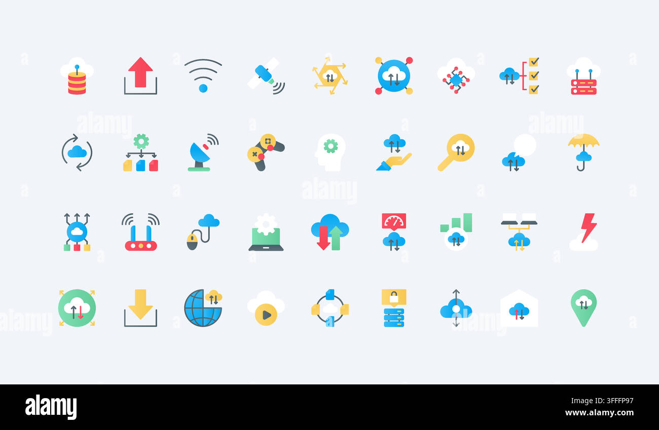 Cloud computing symbols showing storage, upload, download, sync, hosting, backup and wireless data exchange for digital infrastructure workflows flat icons set vector illustration Stock Vector