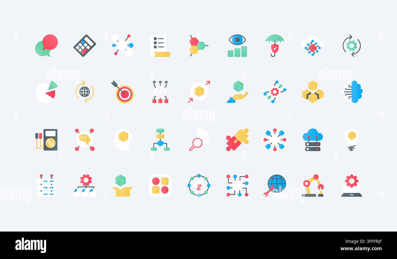 Machine learning and artificial intelligence symbols for automation, analytics, neural networks, robotics and smart data workflows flat icons set vector illustration Stock Vector