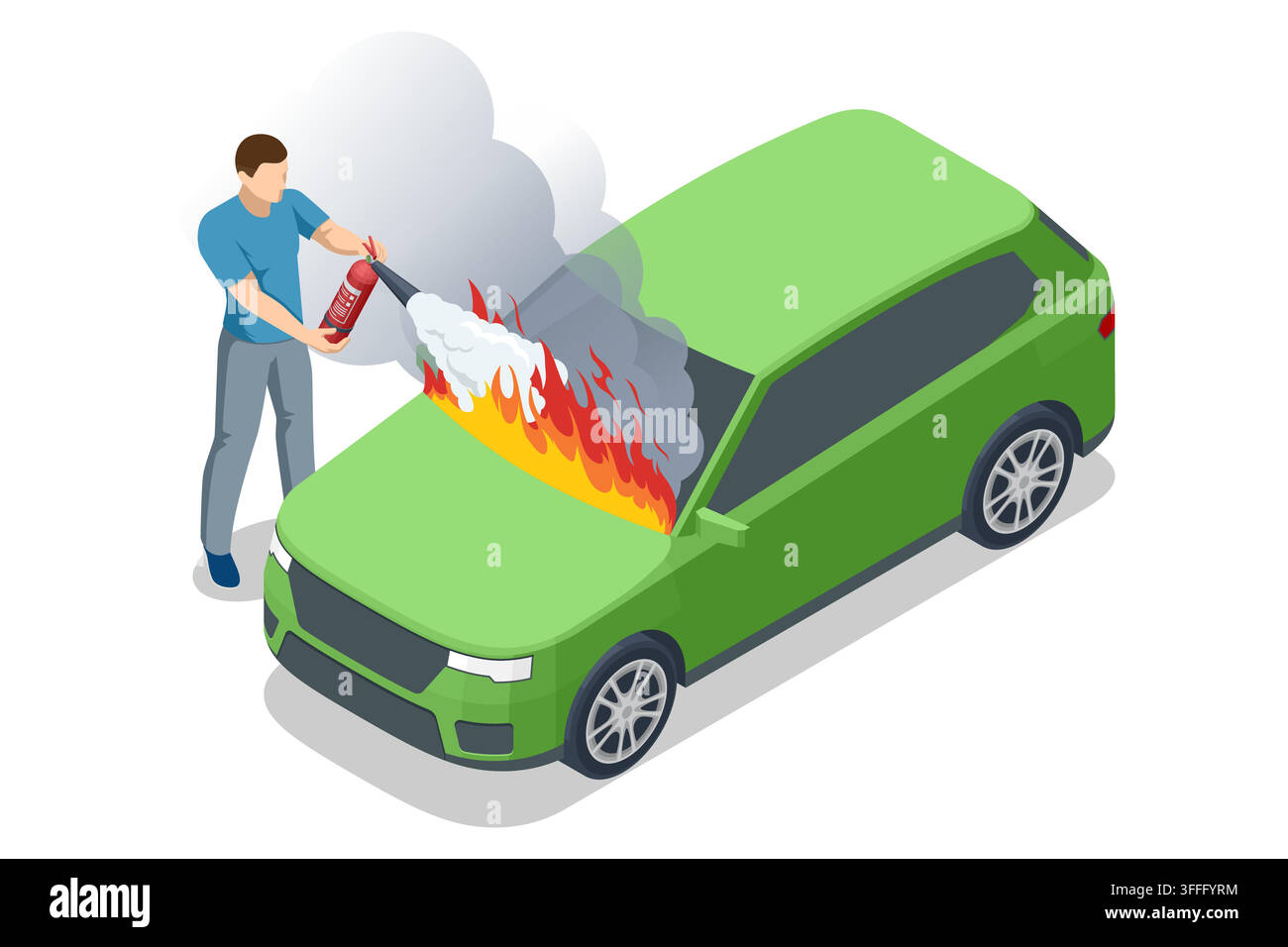 Isometric man using fire extinguisher on burning car Stock Vector