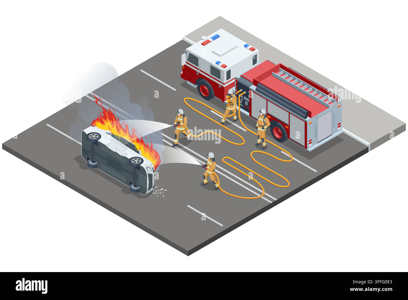 Isometric firefighters extinguishing overturned burning car Stock Vector