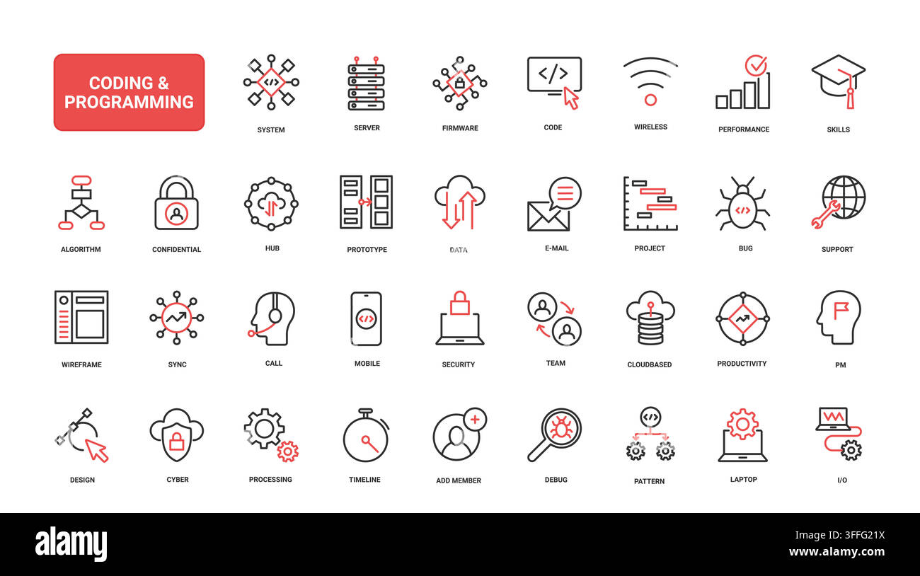 Coding and programming symbols for software development, debugging, security, cloud systems and digital engineering workflows red black line icons set vector illustration Stock Vector