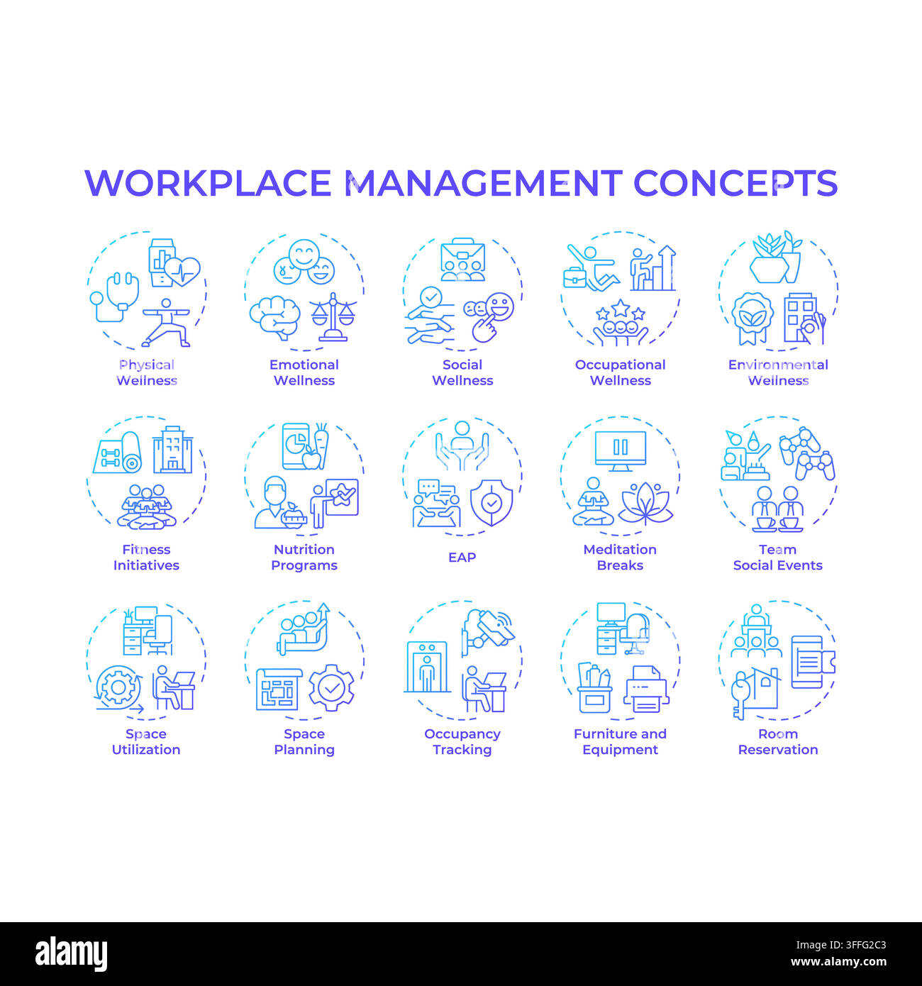 Workplace management gradient outline concept icon pack Stock Vector