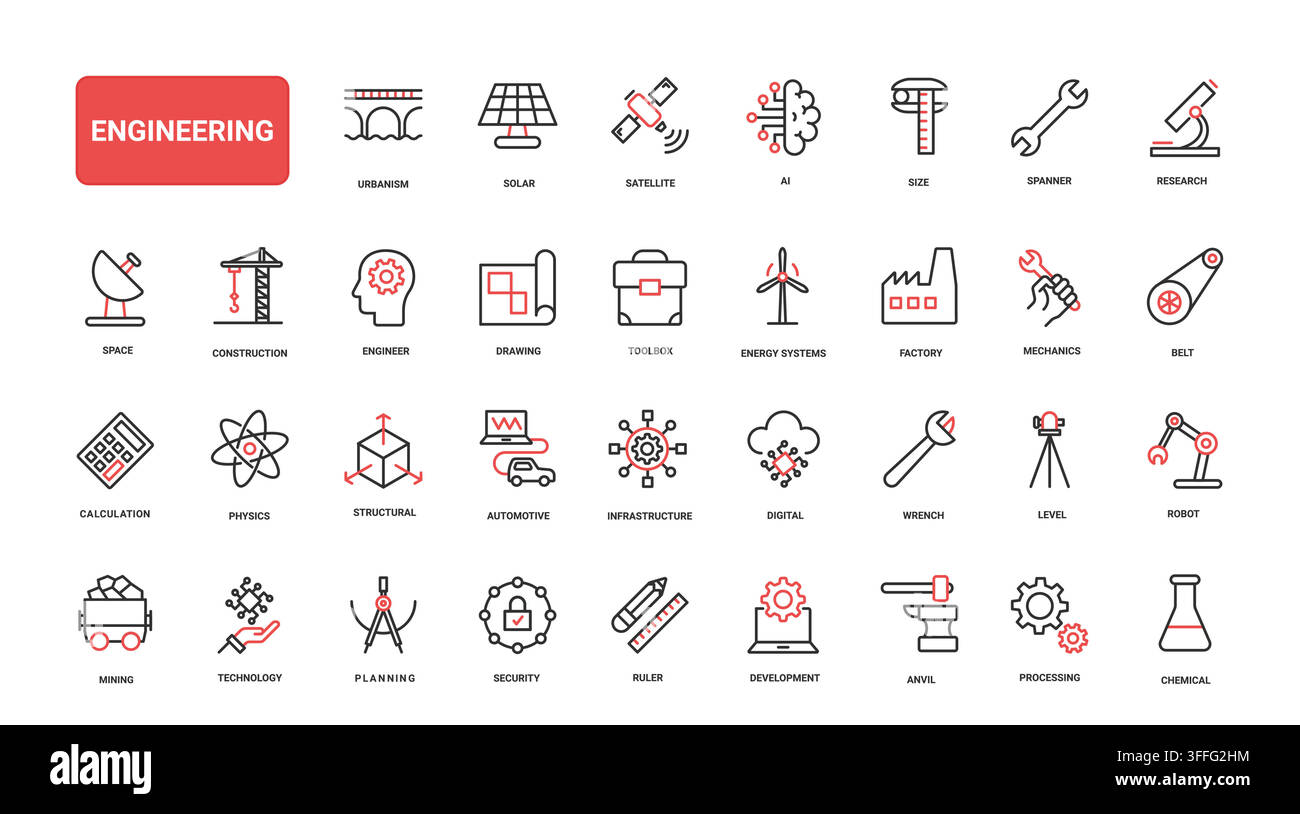 Engineering themed symbols covering construction, mechanics, energy, research, manufacturing and technical development for industrial design use red black line icons set vector illustration Stock Vector