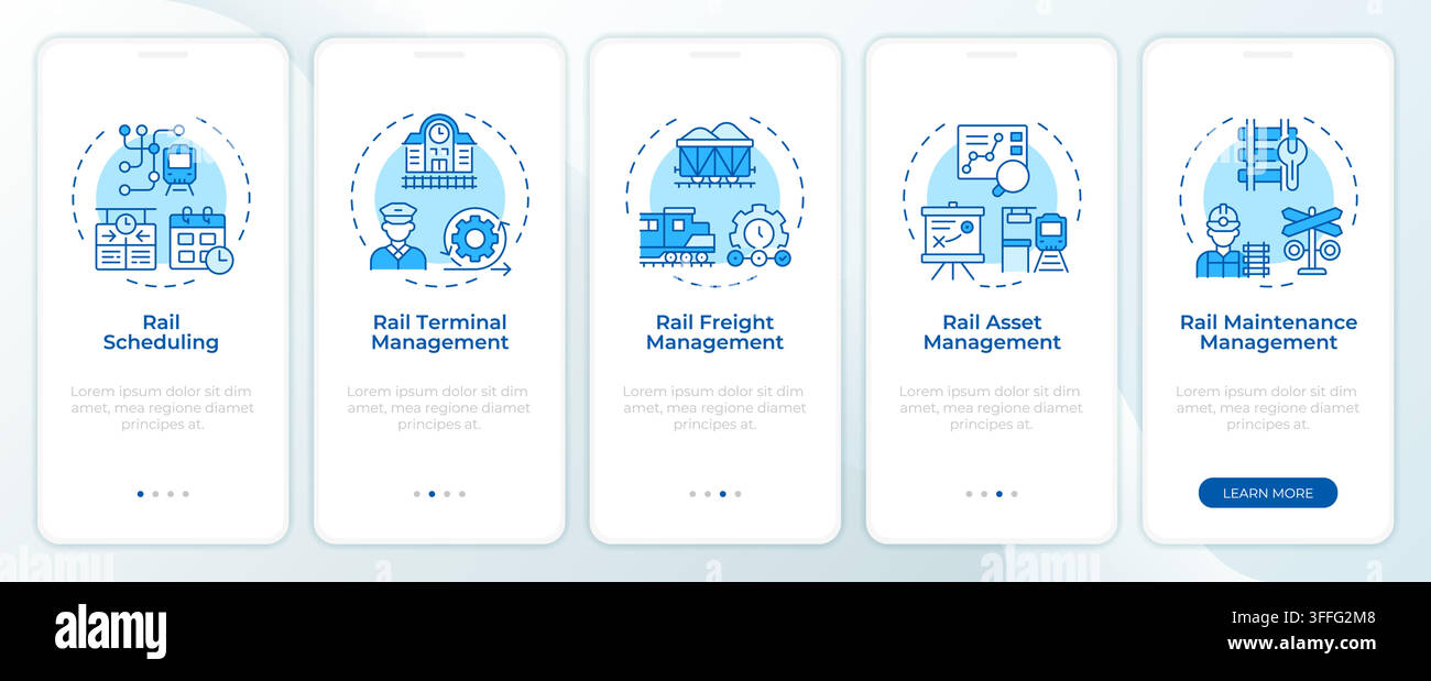 Rail operations monochrome blue onboarding mobile app screen Stock Vector