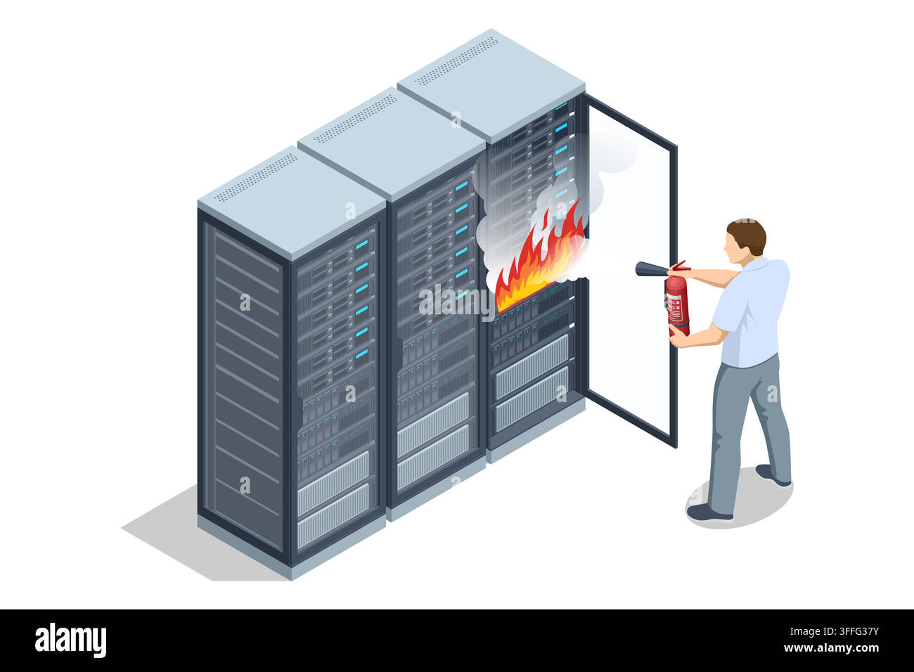 Isometric server room fire with man using fire extinguisher Stock Vector