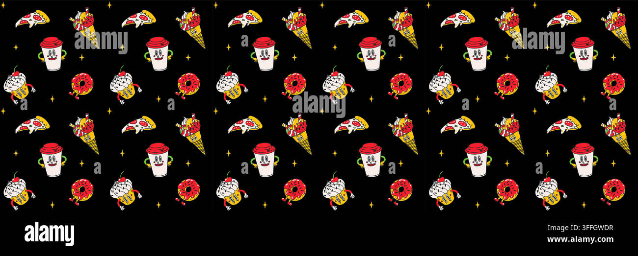 Pattern sticker with pizza, coffee and donuts Stock Vector