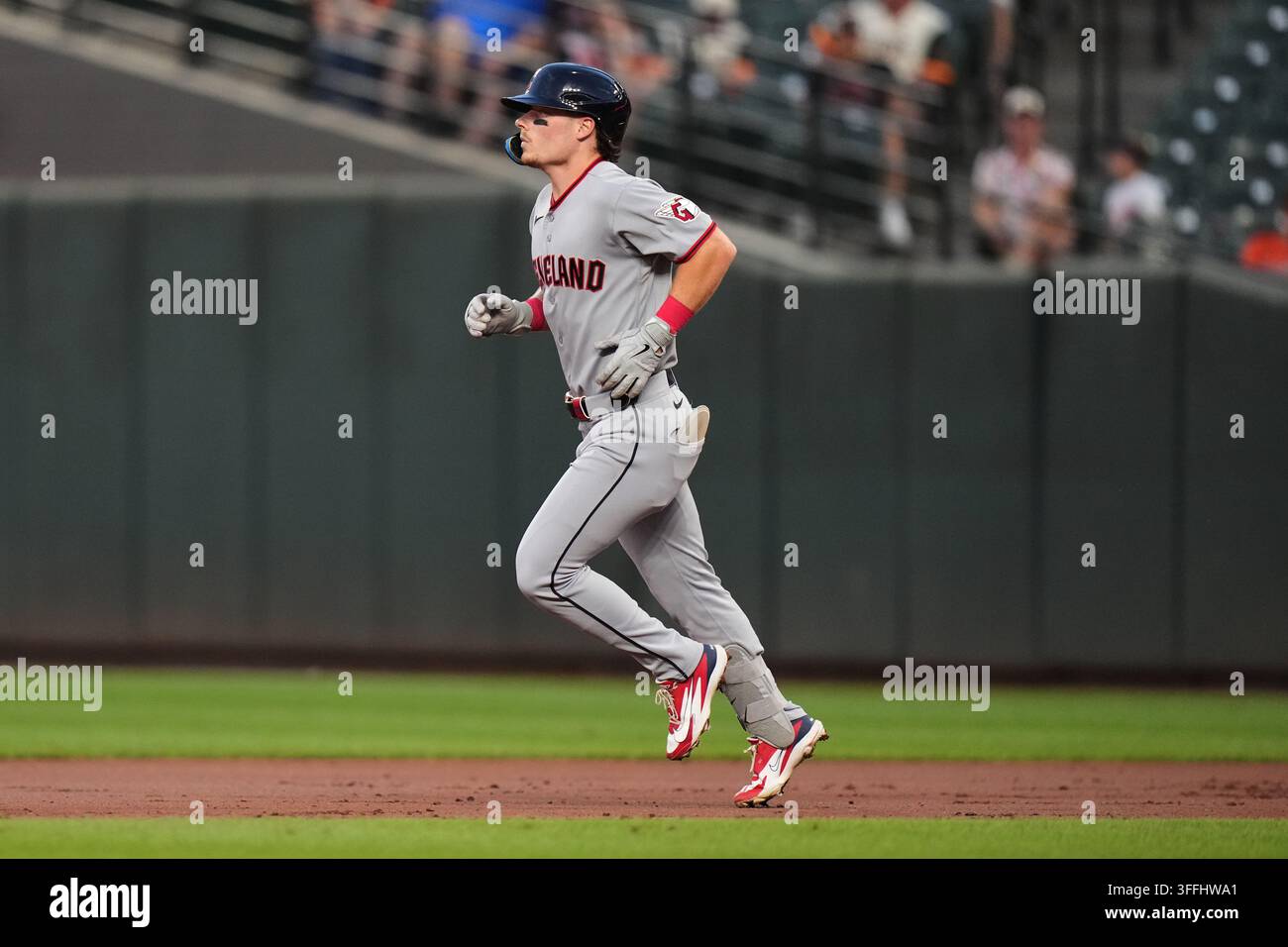 Travis Bazzana of the Cleveland Guardians rounds the bases after crushing a three-run home run against the Baltimore Orioles in the second inning on September 8, 2026, in Baltimore