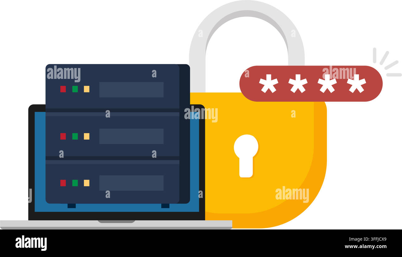 flat illustration of a laptop, server database, padlock, and password field representing data security and access control. Stock Vector
