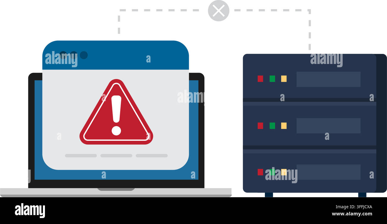 laptop screen showing a red warning sign connected to data server hardware rack units for network security issues Stock Vector