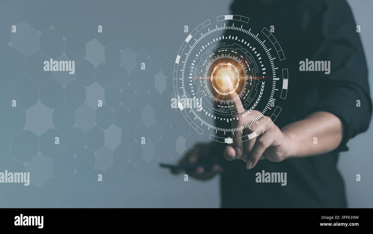 Hand interacting with futuristic digital interface symbolizing innovation and progress. Stock Photo