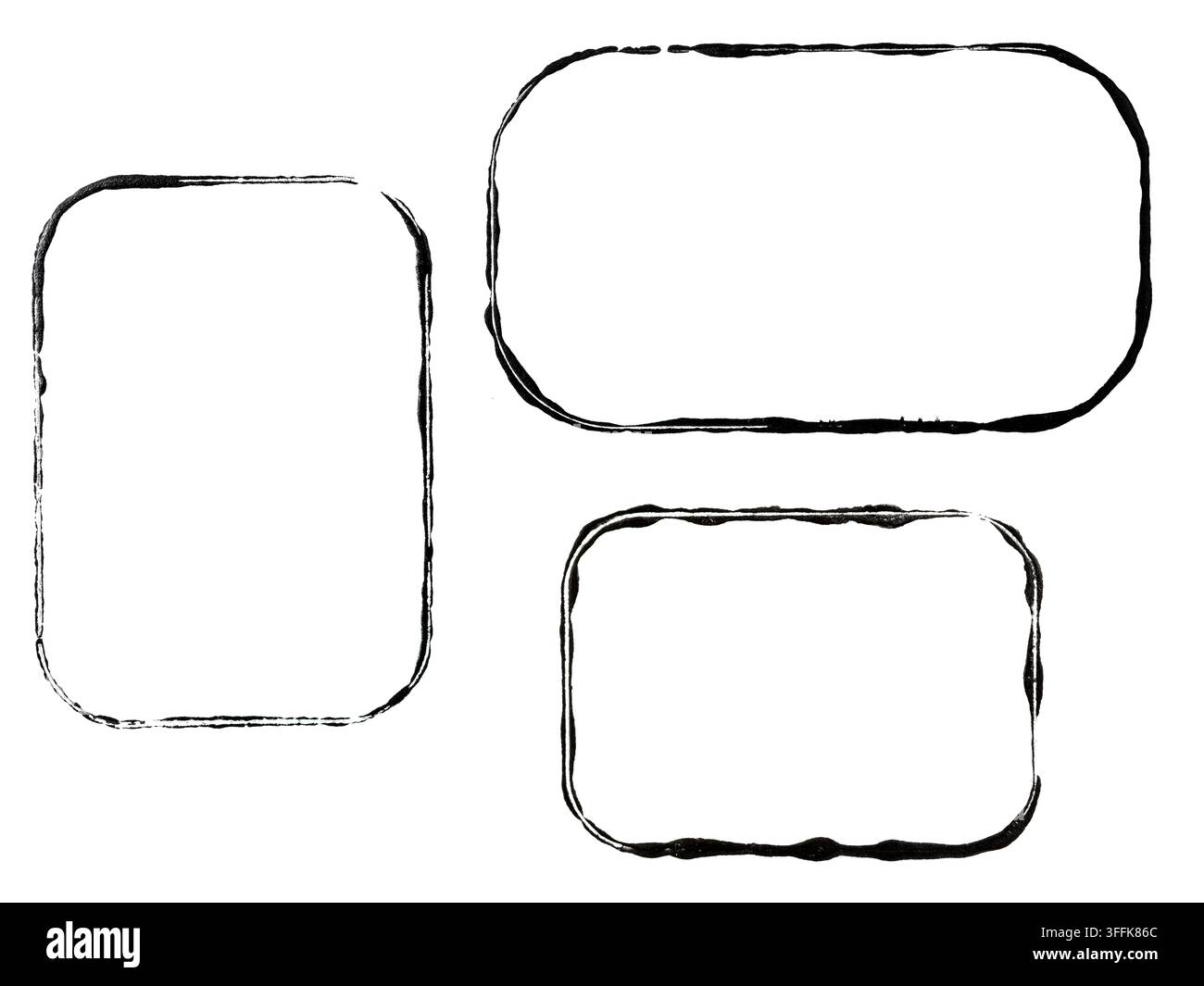 Set of black ink grunge rectangular frame border with rounded edges on white background Stock Photo