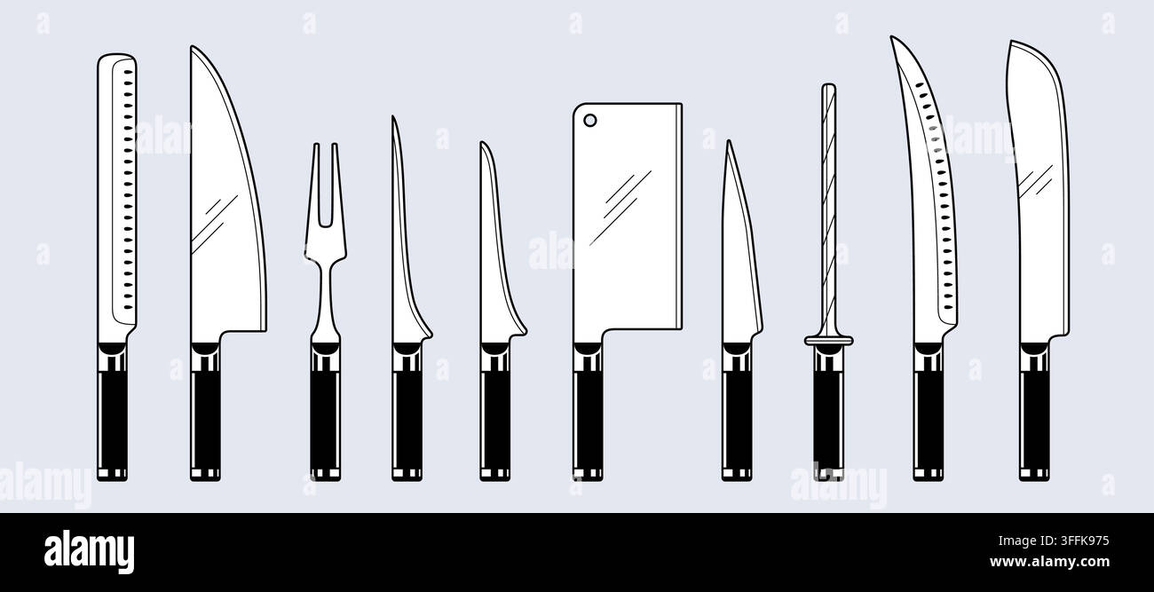 Knife, collection. Meat cutting kitchen knives set Stock Vector