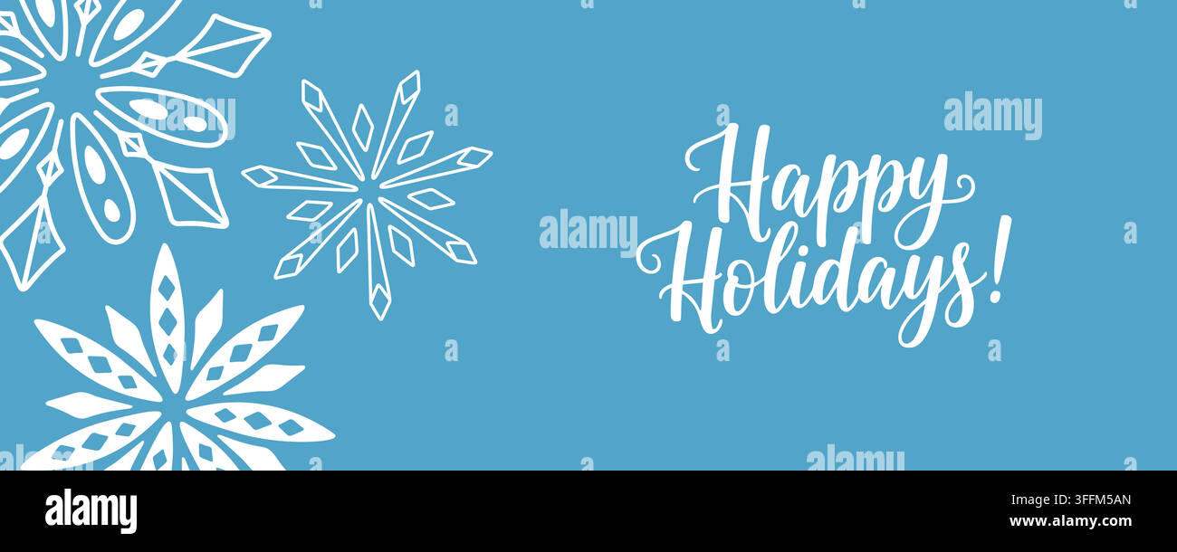 Happy Holidays blue Christmas banner with snowflakes hand drawn vector design Stock Vector