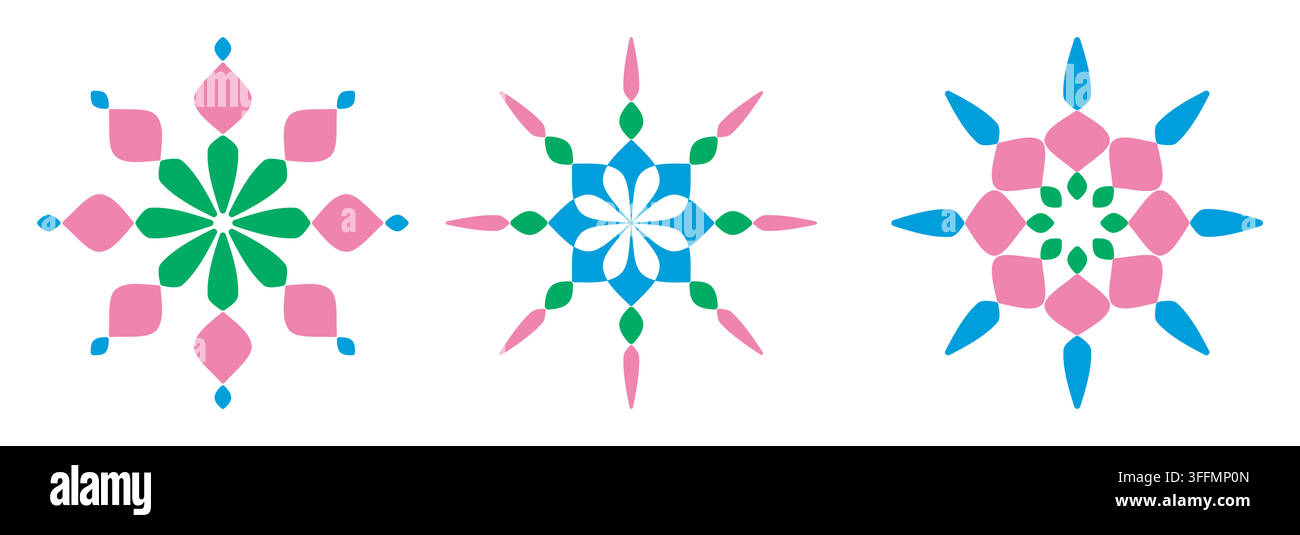 Floral mandala symbol icon set. Colourful flat silhouette elements collection, abstract modern geometric irregular isolated shapes Stock Vector