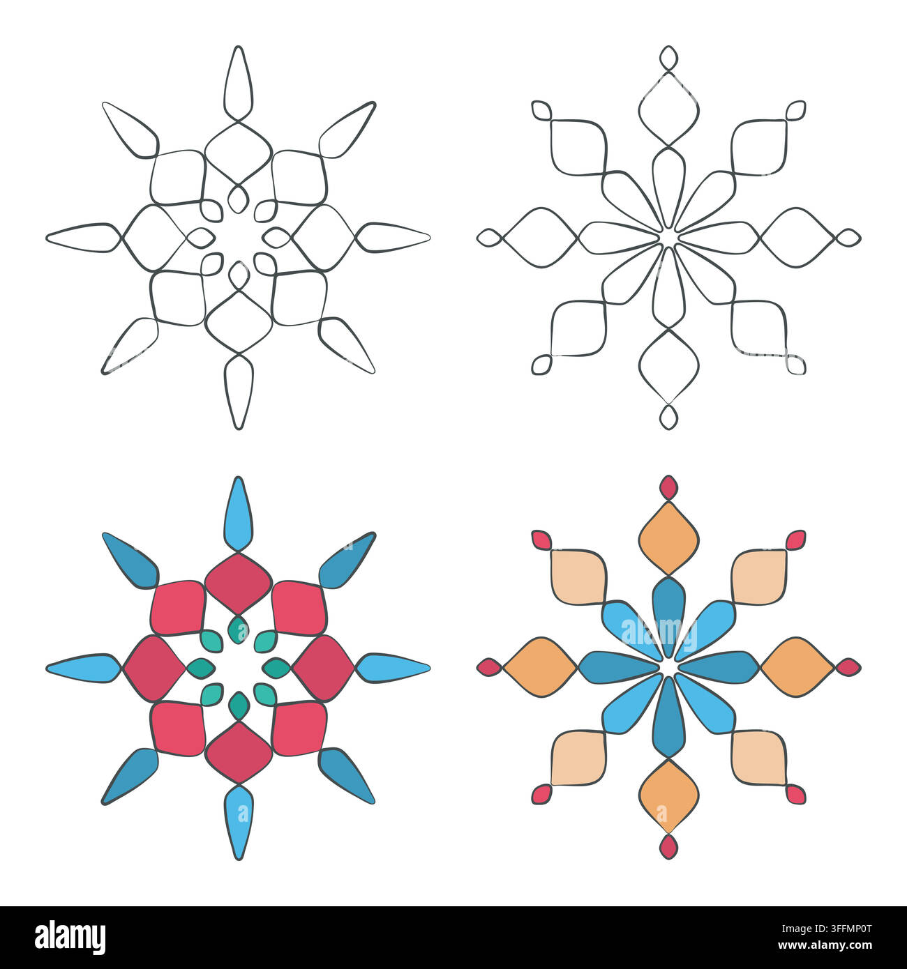 Floral mandala symbol icon set. Colourful flat silhouette, outline elements collection, abstract modern geometric irregular sketch line isolated Stock Vector
