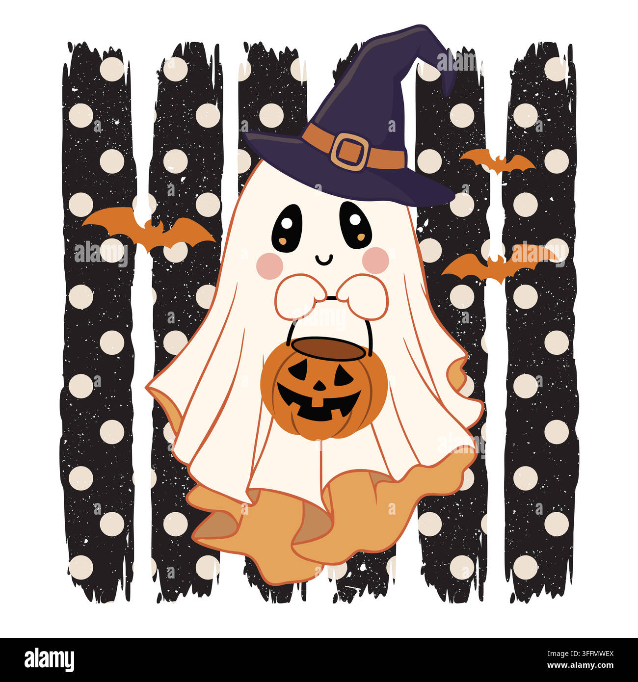 Ghost boy with pumpkin bucket Halloween vector design. Stock Vector