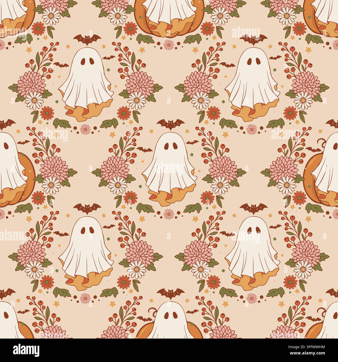 Autumn ghost floral seamless pattern. Stock Vector