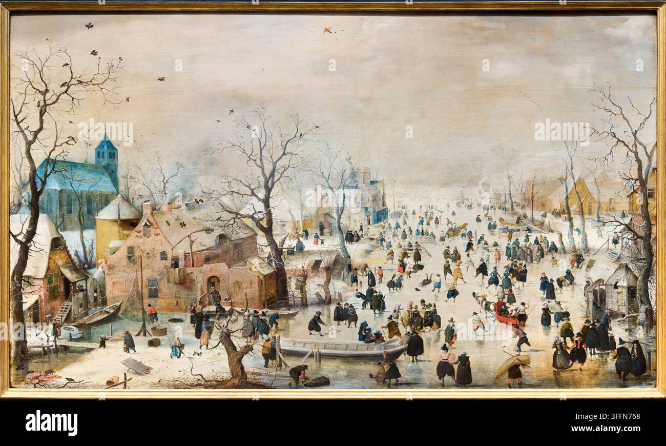 Winter landscape with skaters by hendrick avercamp hi-res stock