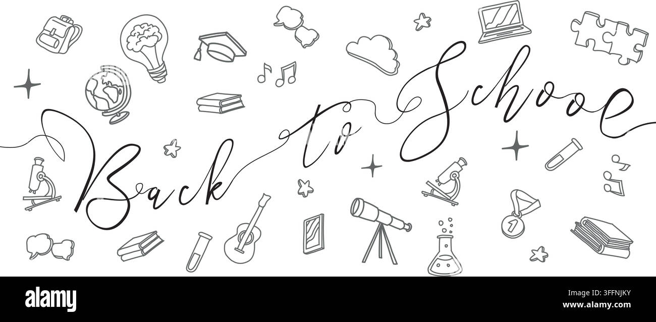 Educational horizontal banner with hand drawn school doodles and bold Back to School lettering. Vector graphic background Stock Vector