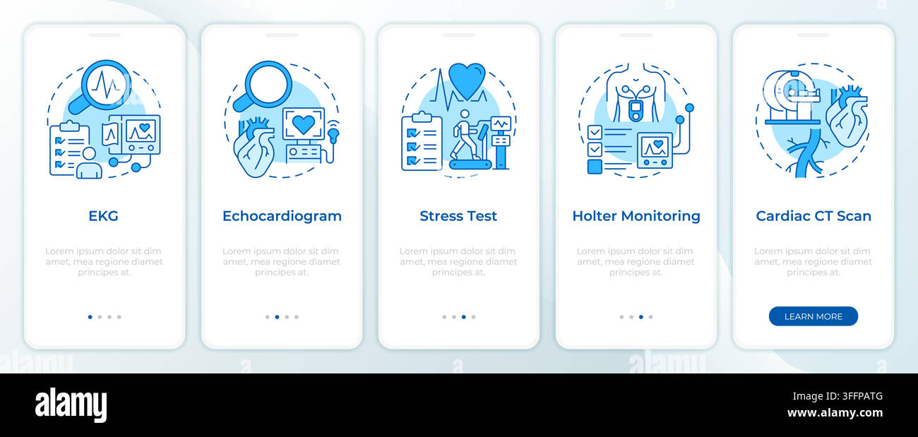 Common cardiovascular tests monochrome blue onboarding mobile app screen Stock Vector