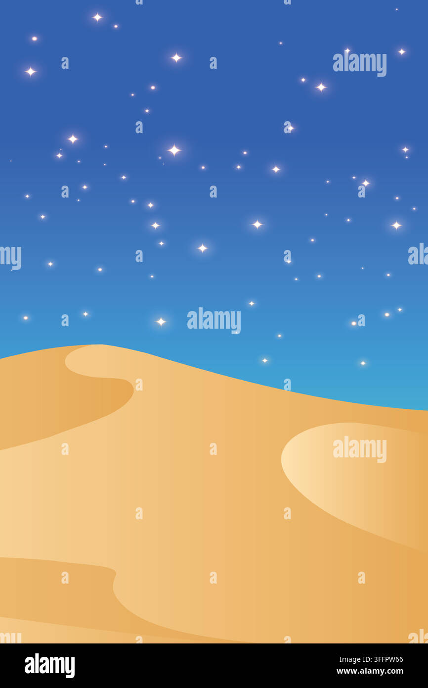 Desert landscape with golden sand dunes under a starry blue night sky, minimalist vector background. Stock Vector