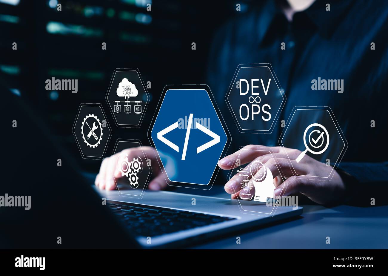 DevOps automation and AI software development concept. Programmer using laptop with coding icons, cloud data system, gears, analytics, deployment work Stock Photo