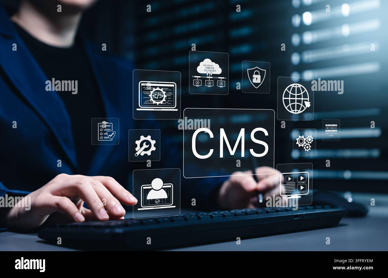 CMS Content management system and website administration concept. Developer using computer, CMS icons, cloud hosting, cybersecurity, web development, Stock Photo