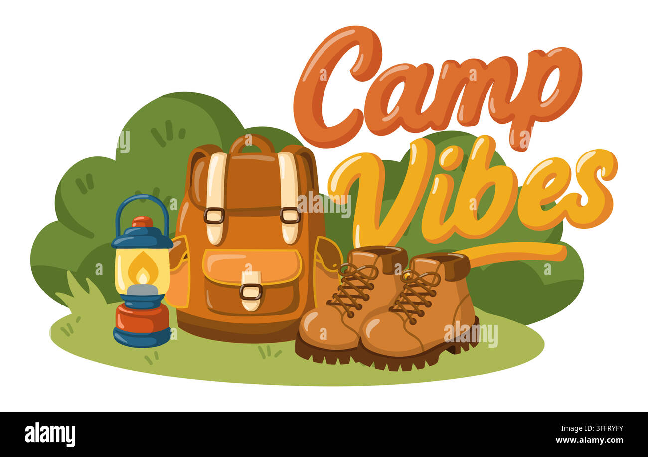 Camp Vibes lettering with backpack, hiking boots and glowing lantern. Cartoon vector illustration on white background Stock Vector