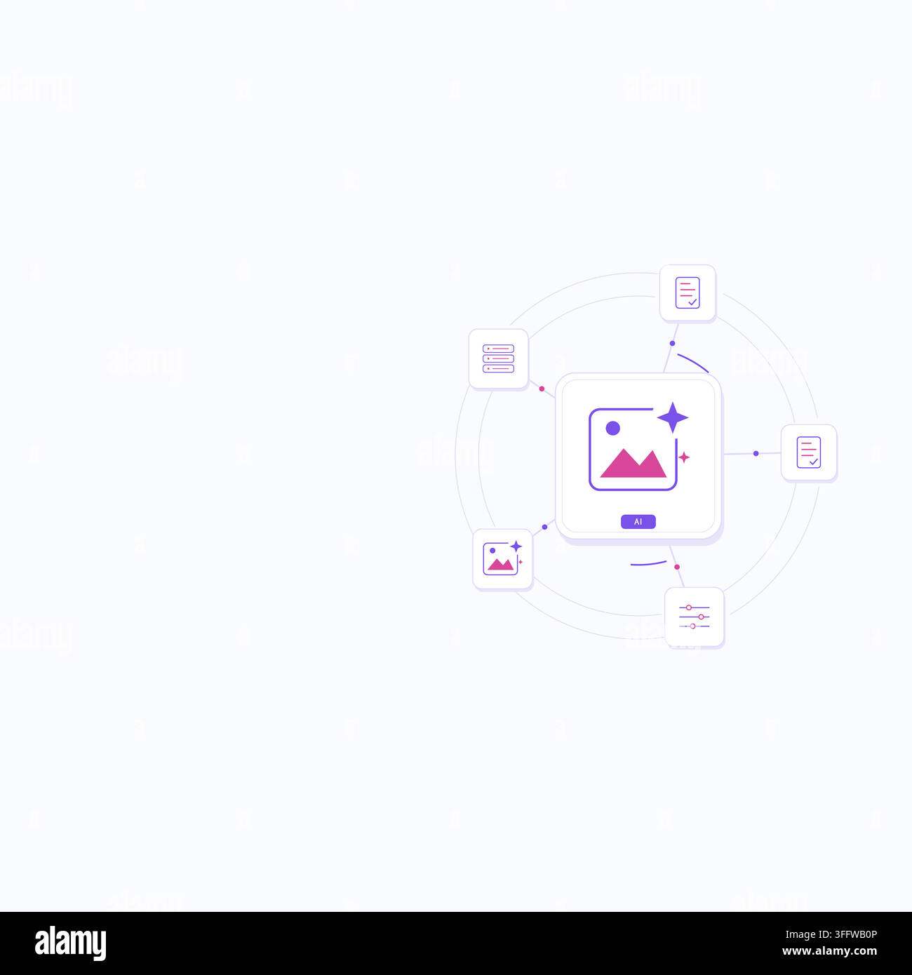 Generative AI creative tools with connected technology symbols and editable geometric shapes. Open space on the left for a headline. Stock Vector