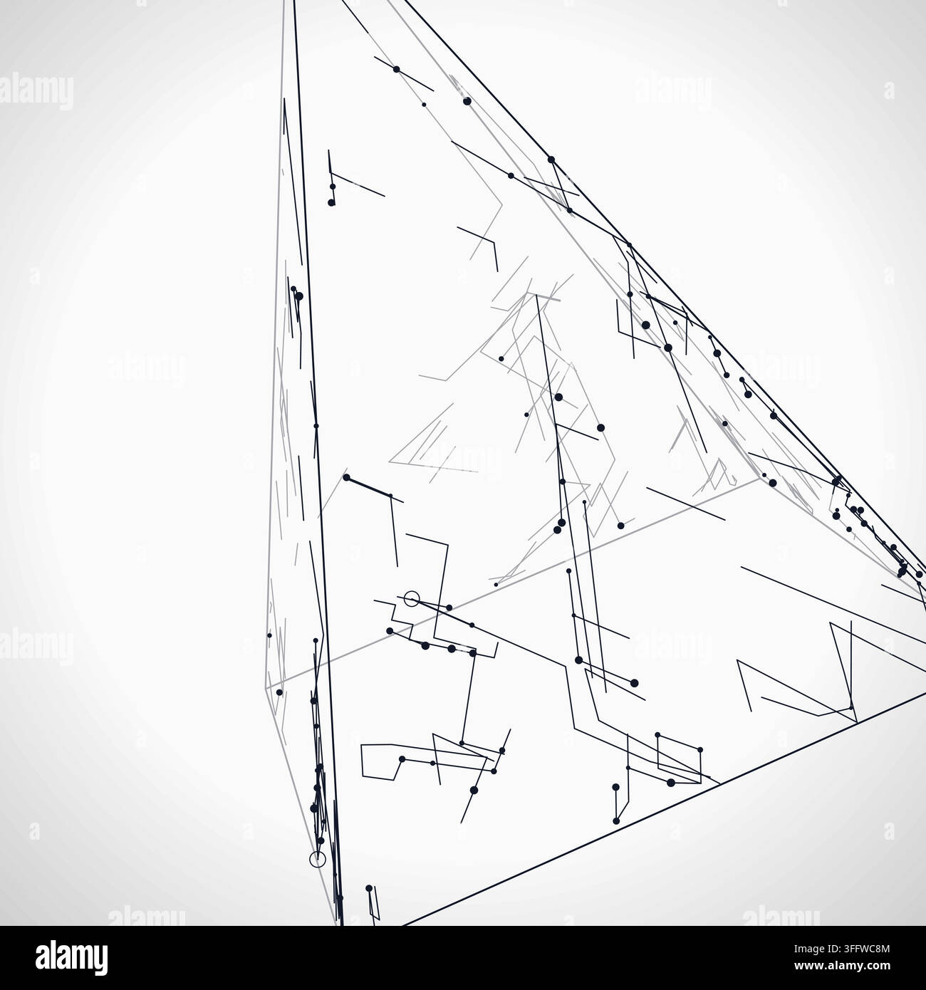 Modern technology-inspired 3D wire pyramid with layered lines and connection points Stock Vector
