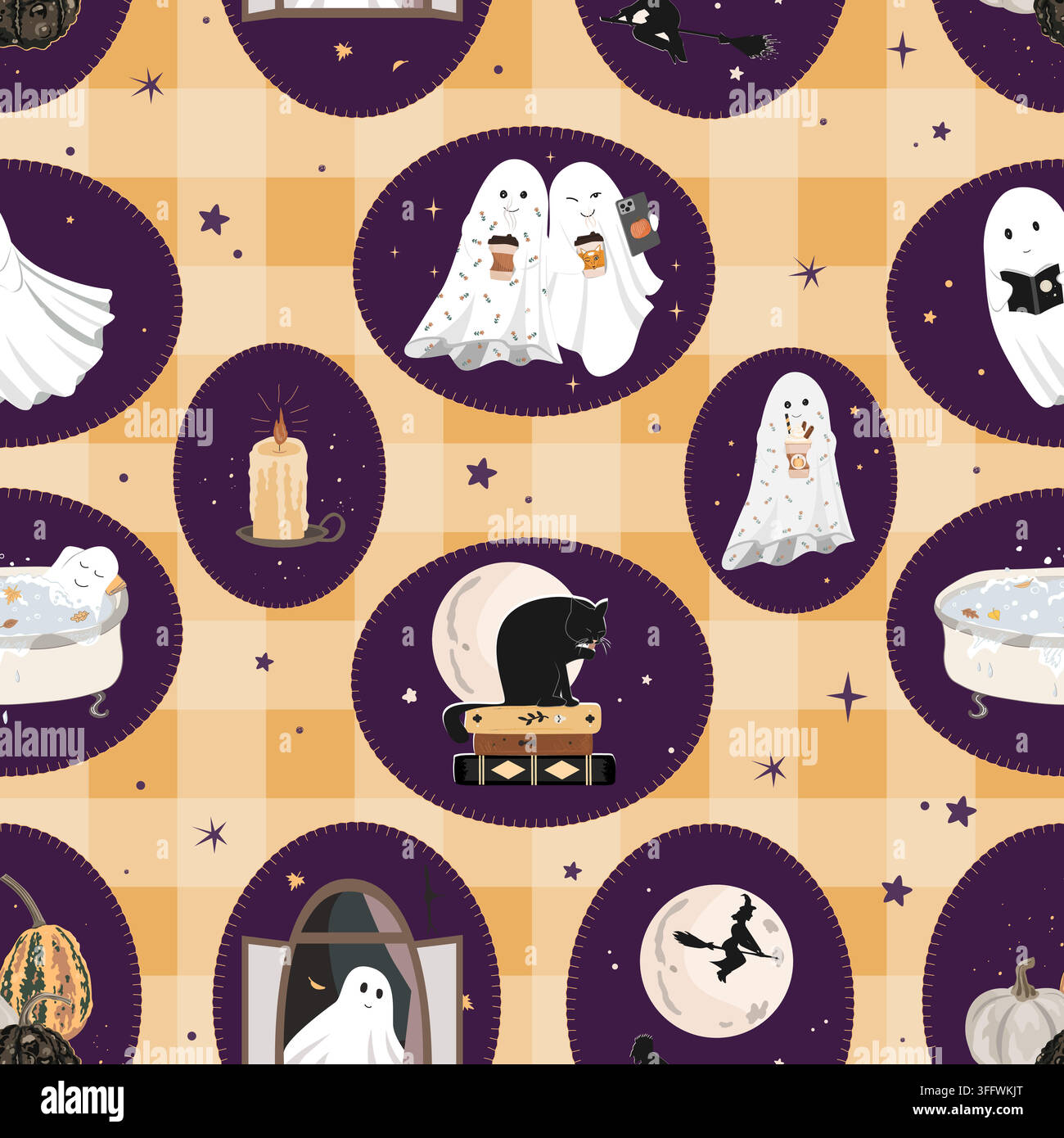Cute Halloween frames seamless pattern on gingham with fall elements and cute ghosts lifestyle. Vector illustration Stock Vector
