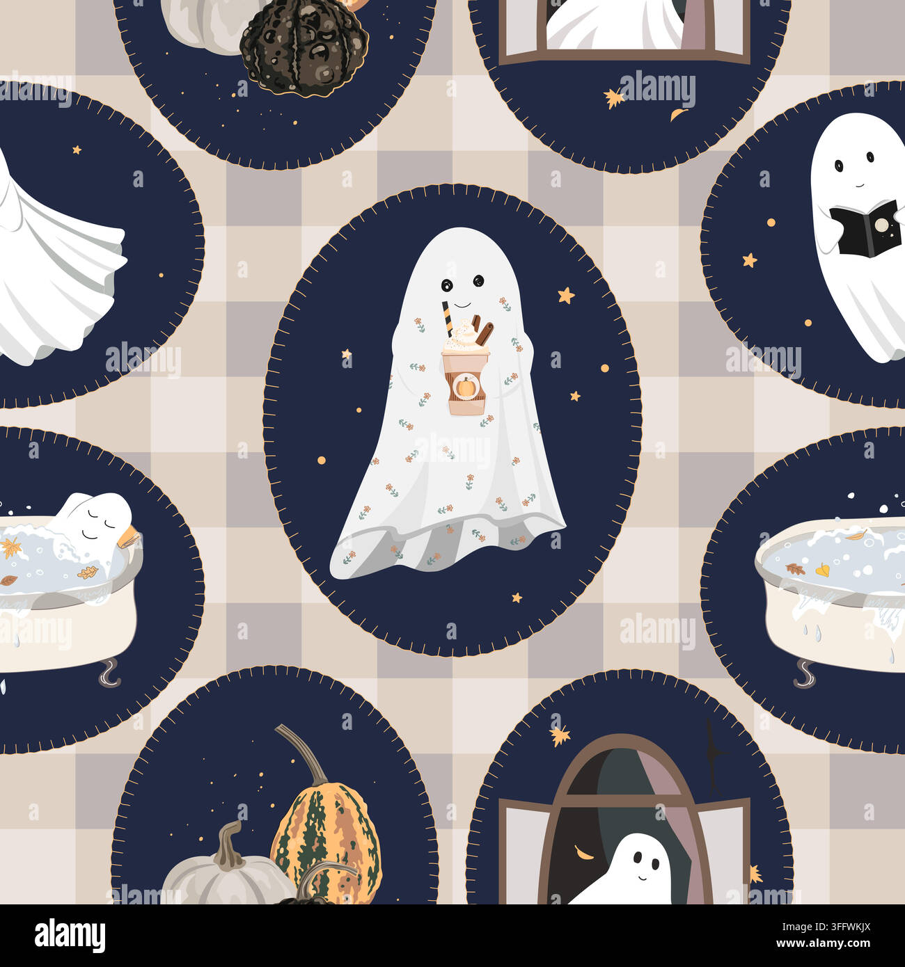 Cute Halloween frames seamless pattern on gingham with fall elements and cute ghosts lifestyle. Vector illustration. Stock Vector