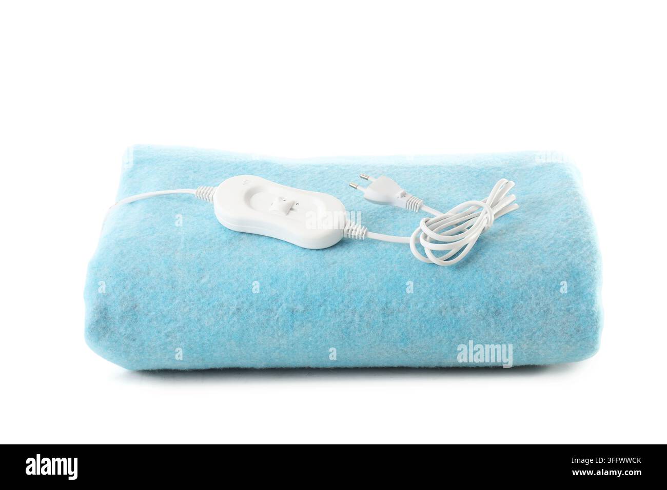 Blue electric heating pad on white background Stock Photo