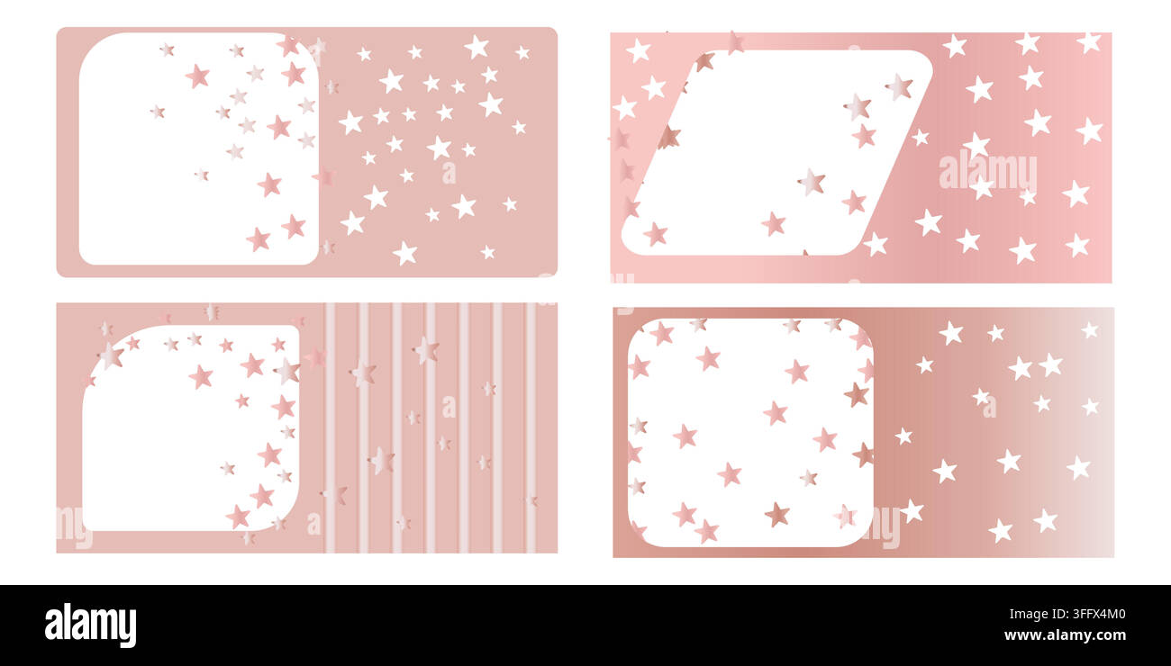Set of whimsical social frame with pink gradient rosr golden stars, frame with different forms, vector flat. Stock Vector