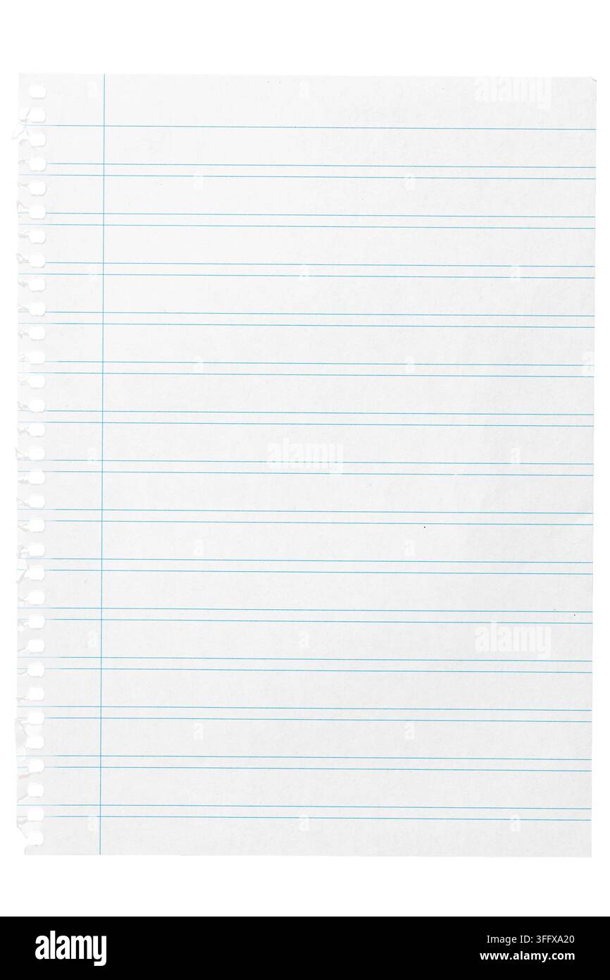 blank lined spiral notebook page torn out isolated on white background Stock Photo