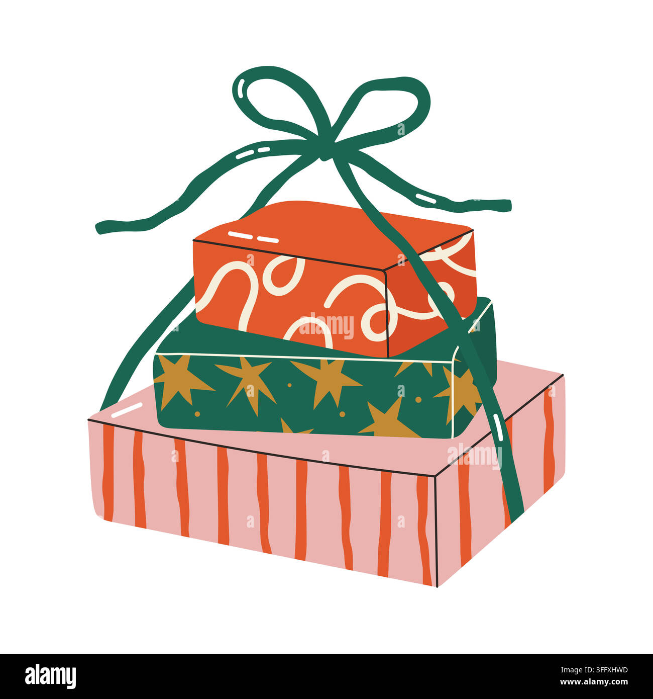 Stack of three wrapped present boxes bound together with a green ribbon bow Stock Vector