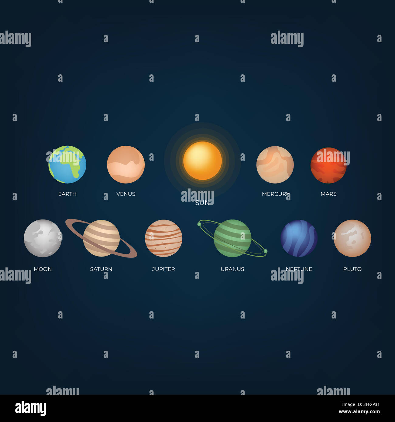 Solar System Showing the Sun and Eight Planets with Pluto in Space Stock Vector