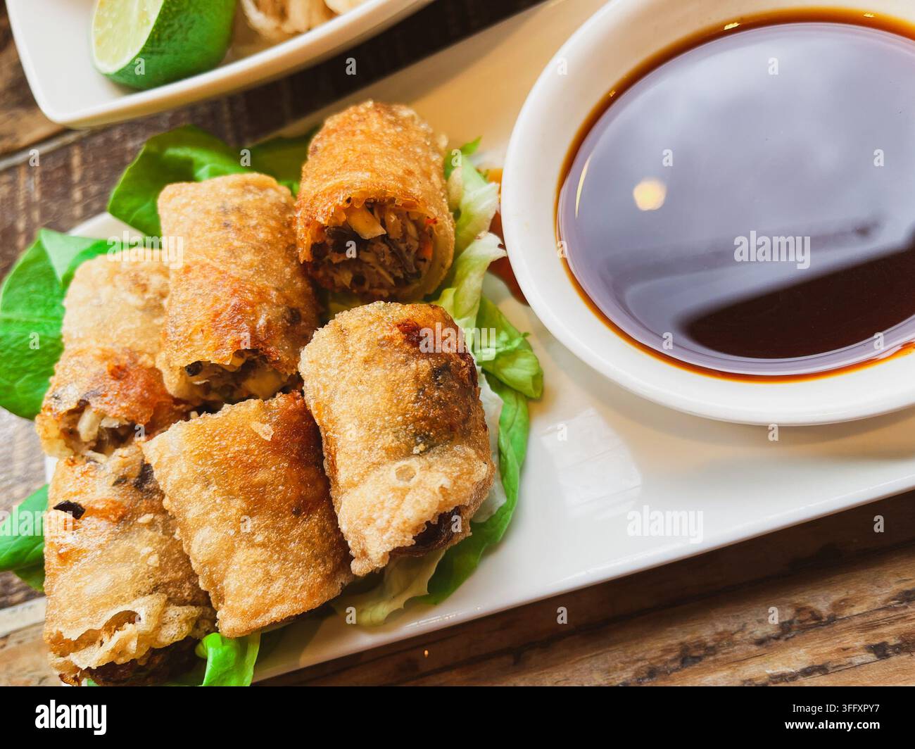 Close-up of crispy fried spring rolls on lettuce, served with a dark soy dipping sauce, England, UK Stock Photo