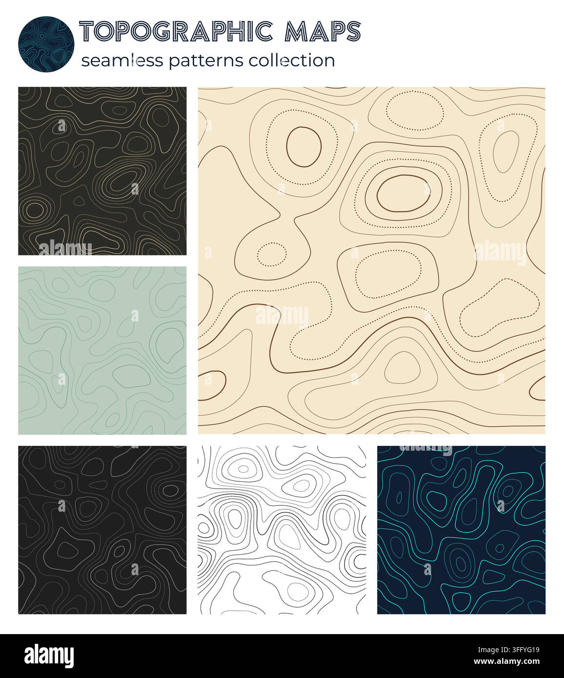 Topographic maps. Awesome isoline patterns, seamless design. Artistic tileable background. Vector illustration. Stock Vector